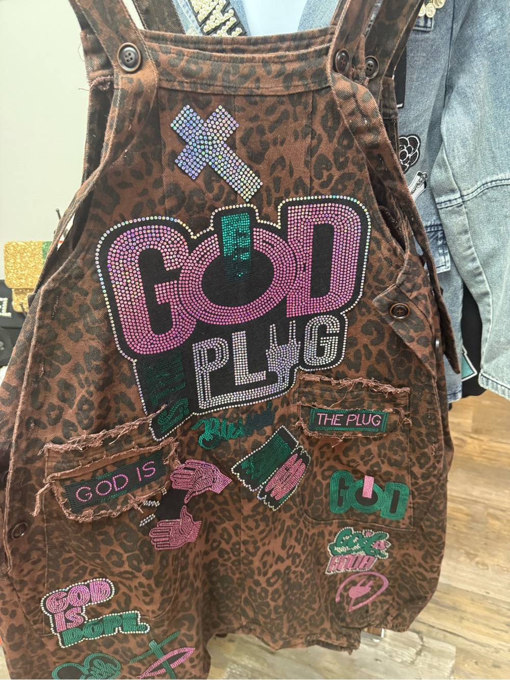 Leopard Print Women’s Jeans Overalls with Pink & Green Embellishments